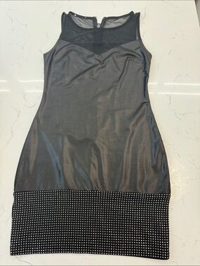 bebe Black Sheath Dress with Mesh Yoke and Studded Hem